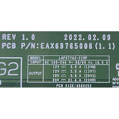 FUENTE DE PODER PARA TV LG / NUMERO DE PARTE EAY36152401 / EAX69765006(1.1) / 2JPRSLOC-0001 / PANEL AC770AQL WQA1_SR / MODELO OLED77G2PUA.DUSQLJR	 - Imagen 2